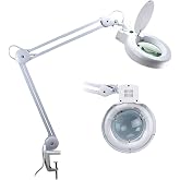 Desk Clamp Magnifying Lamp with Fluorescent Light, Glass Lens, Diopter | 5-in Optical-Grade Aspheric Glass Lens, 22W Fluorescent Bulb, Spring-Balanced Steel Arm, Clamp Mount &amp; Protective Lens Cover