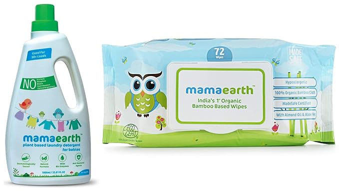Mamaearths Plant Based Baby Laundry Liquid Detergent, with Bio-Enzymes and Neem Extracts, 1L & Indias First Organic Bamboo Based Baby Wipes (72 Wipes) Combo