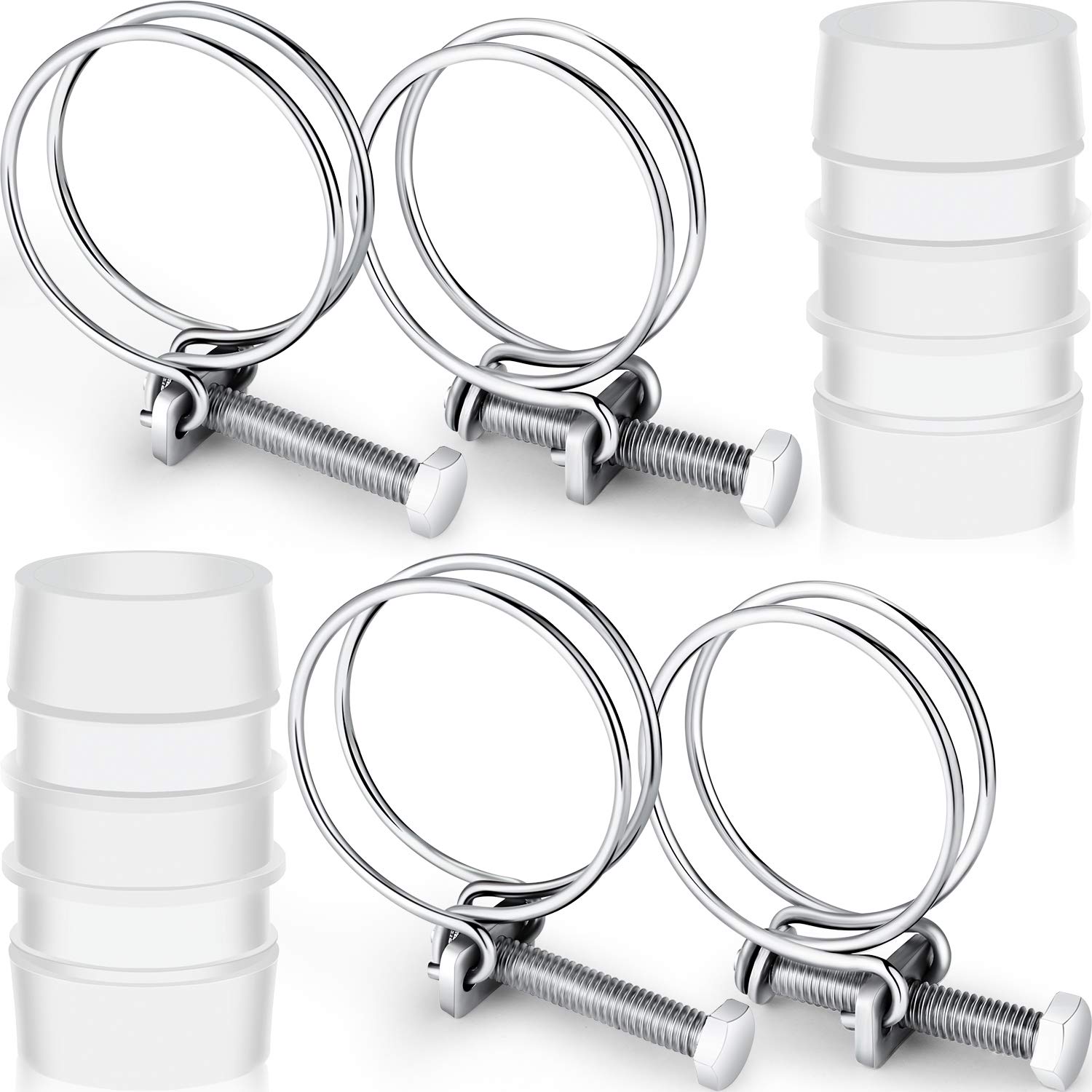 4 Pieces Double Wire Hose Clips Adjustable Stainless Steel Hose Clamps with 2 Pieces Inline Pond Hose Jointer (25 mm/ 1 inch)