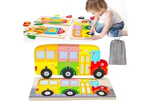 AUGTOY Wooden Puzzles for Toddlers 2 3 4 Year Old Montessori Toys for Ages 2-4 Boys Girls Toddler Educational Developmental Toys Numbers Colors Shapes Preschool Learning Toys Vehicle Puzzle Birthday Gifts