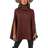 KIRUNDO Women's 2026 Fall Winter Turtleneck Poncho Sweater Fashion Chunky Knit Cape Wrap Sweaters Pullover Jumper Tops