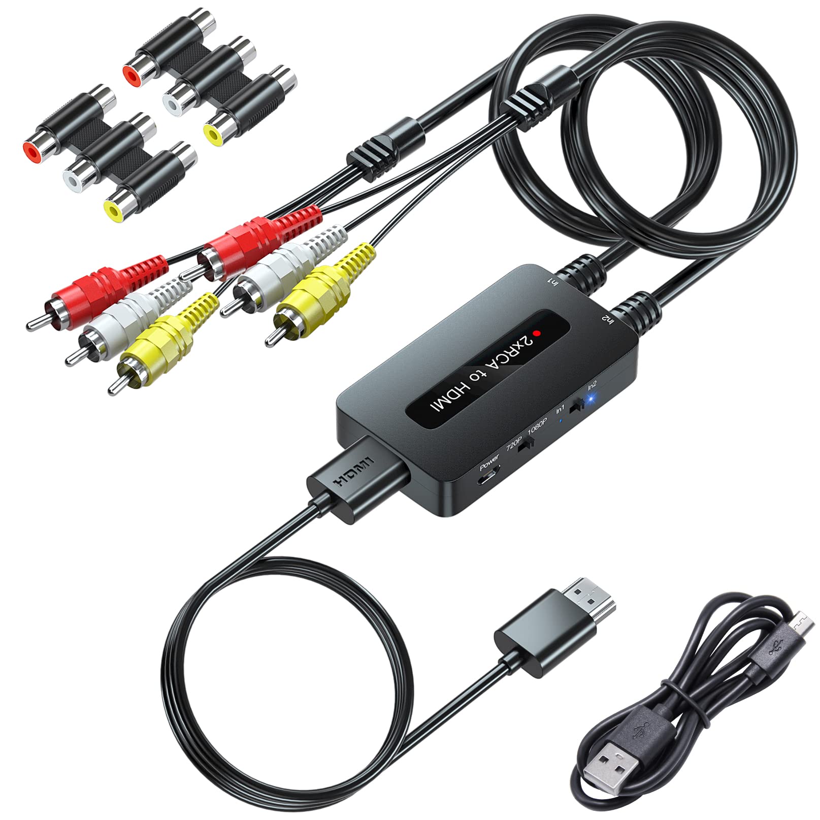 PARUIEN 2 x RCA to HDMI Converter with 720P/1080P Ouptut Switch, Two RCA In One HDMI Out Converter, Dual Ports Composite AV to HDMI Compatible with VHS/DVD/STB/N64/PS2/Wii