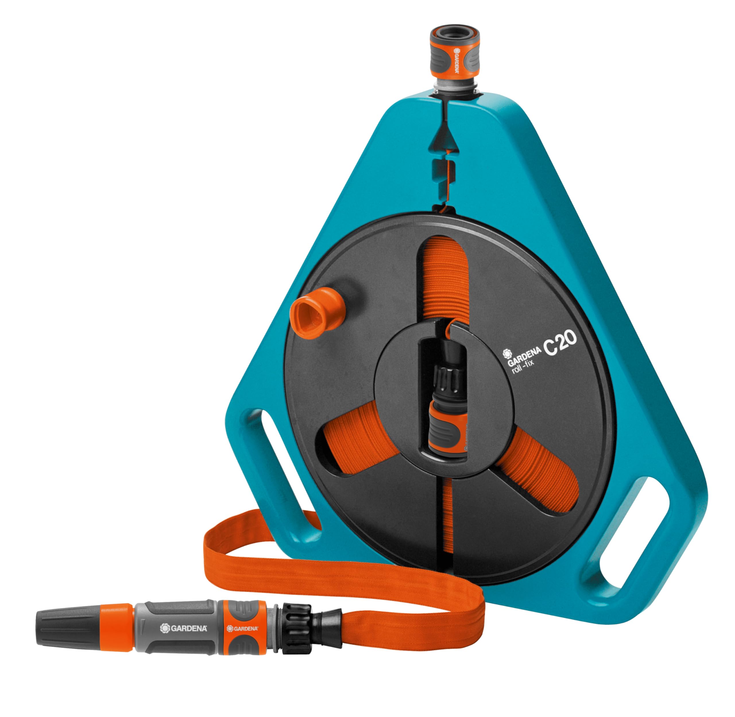 Gardena Classic roll-fix Flat Hose 20 m in a Cassette: Space-saving hose cassette with a water hose (Ø 12 mm in a cassette), automatic safety device, including spray nozzle, with accessories (757-20)