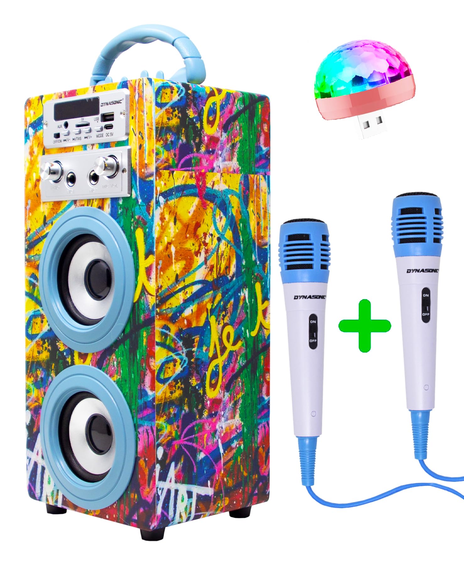 DYNASONIC Karaoke Machine with 2 Microphones, Portable Bluetooth Speaker with Lights, USB and SD Reader, Gift for Children (Model 22 lights)