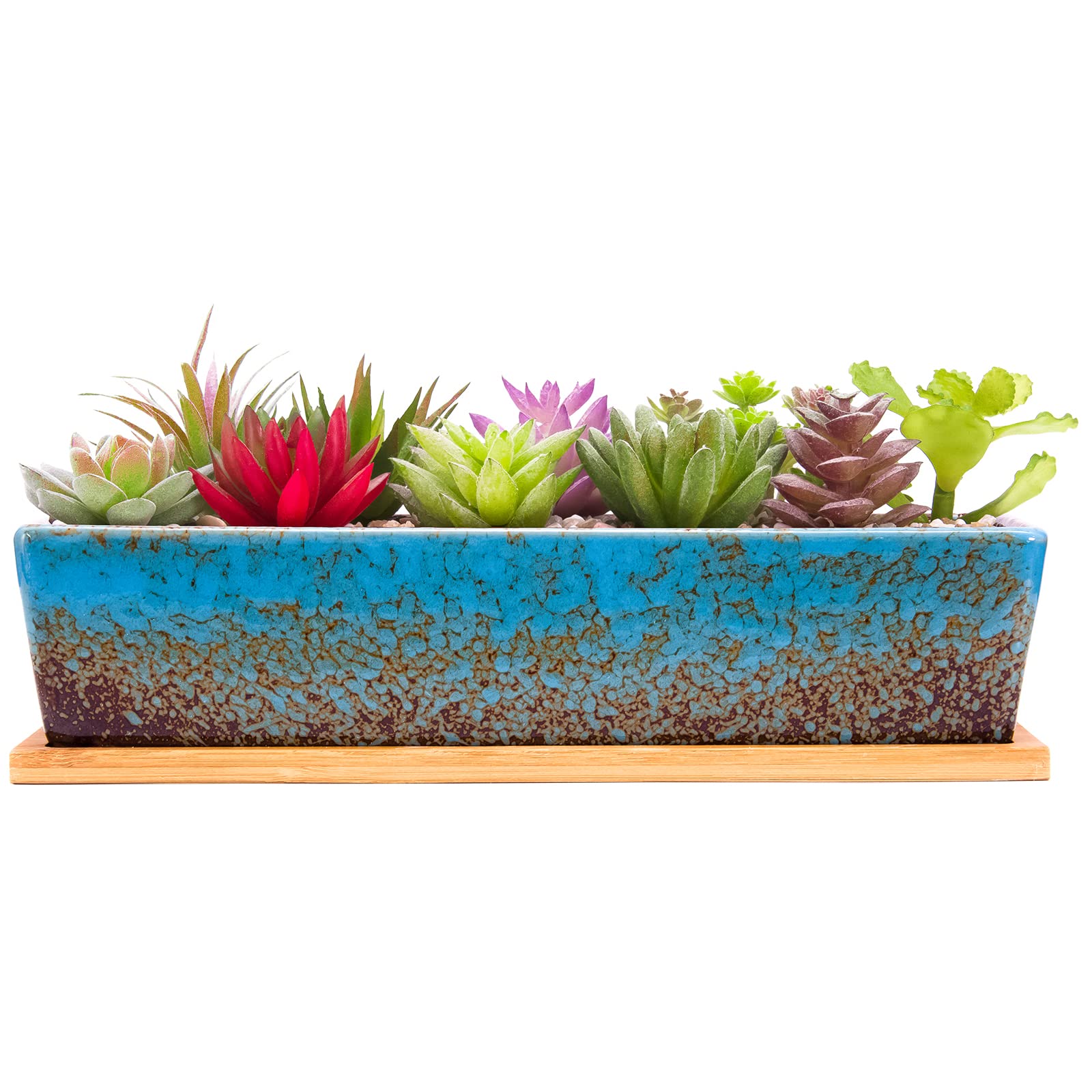 Succulent Plant Pots - 30.5CM Large Succulent Planters with Drainage Tray, Window Sill Planter, Long Rectangle Ceramic Pots for Indoor Cactus Plants Shallow Bonsai Window Box for Home Garden Decor