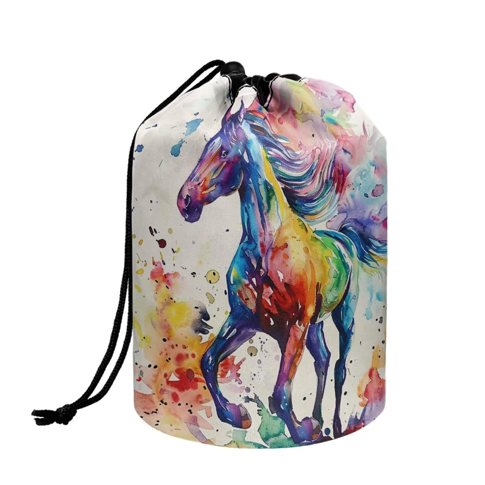 chaqlin Watercolor Horse Travel Cosmetic Bags Barrel Makeup Bag,Women Girls Portable Foldable Cases Multifunctional Toiletry Bucket Bags Round Organizer Storage Pocket