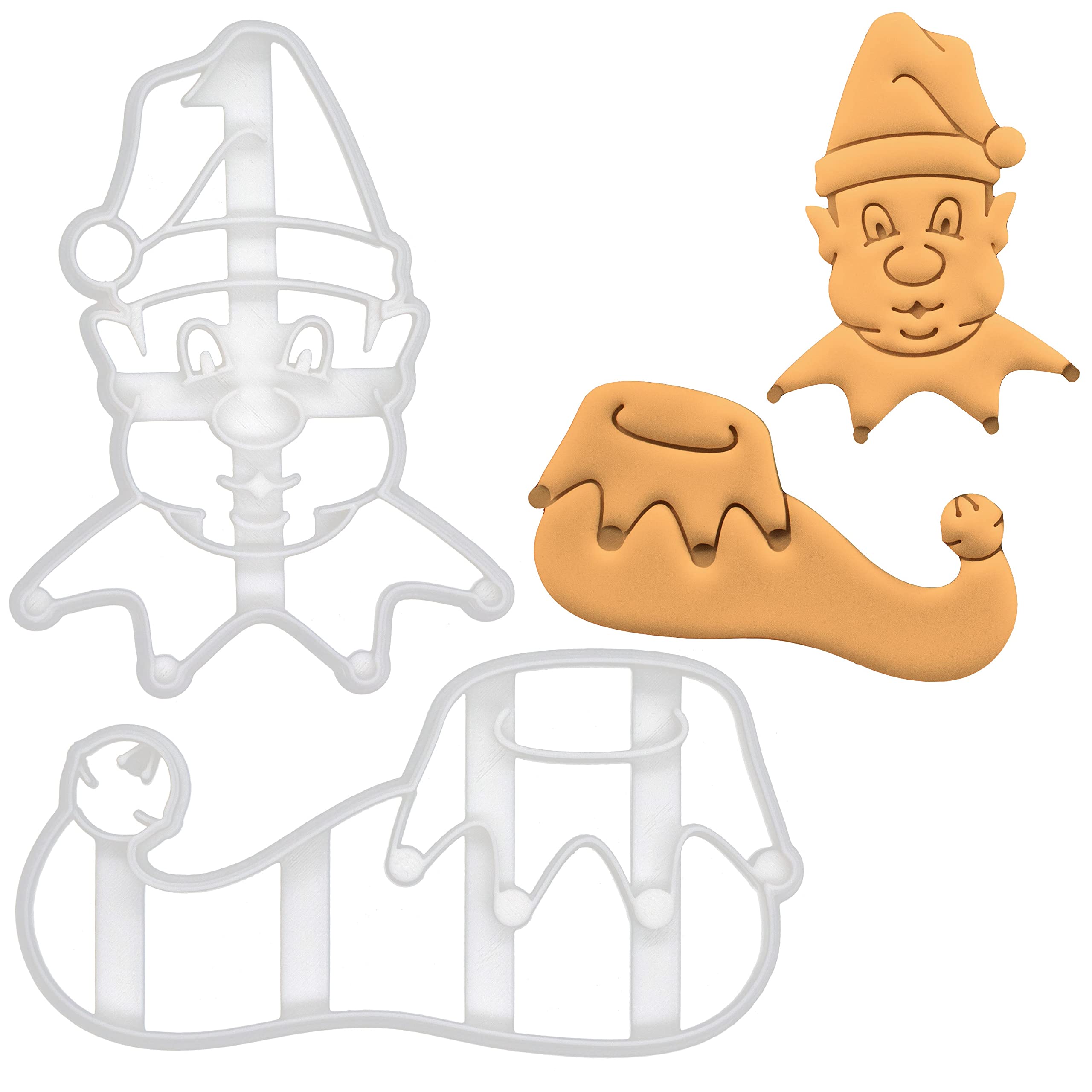 BAKERLOGY Set of 2 Elf Cookie Cutters (Design: Head and Shoe) - Detailed Biscuit Cutter Design for Baking and Crafts, Ideal on Fondant, Dough, Clay