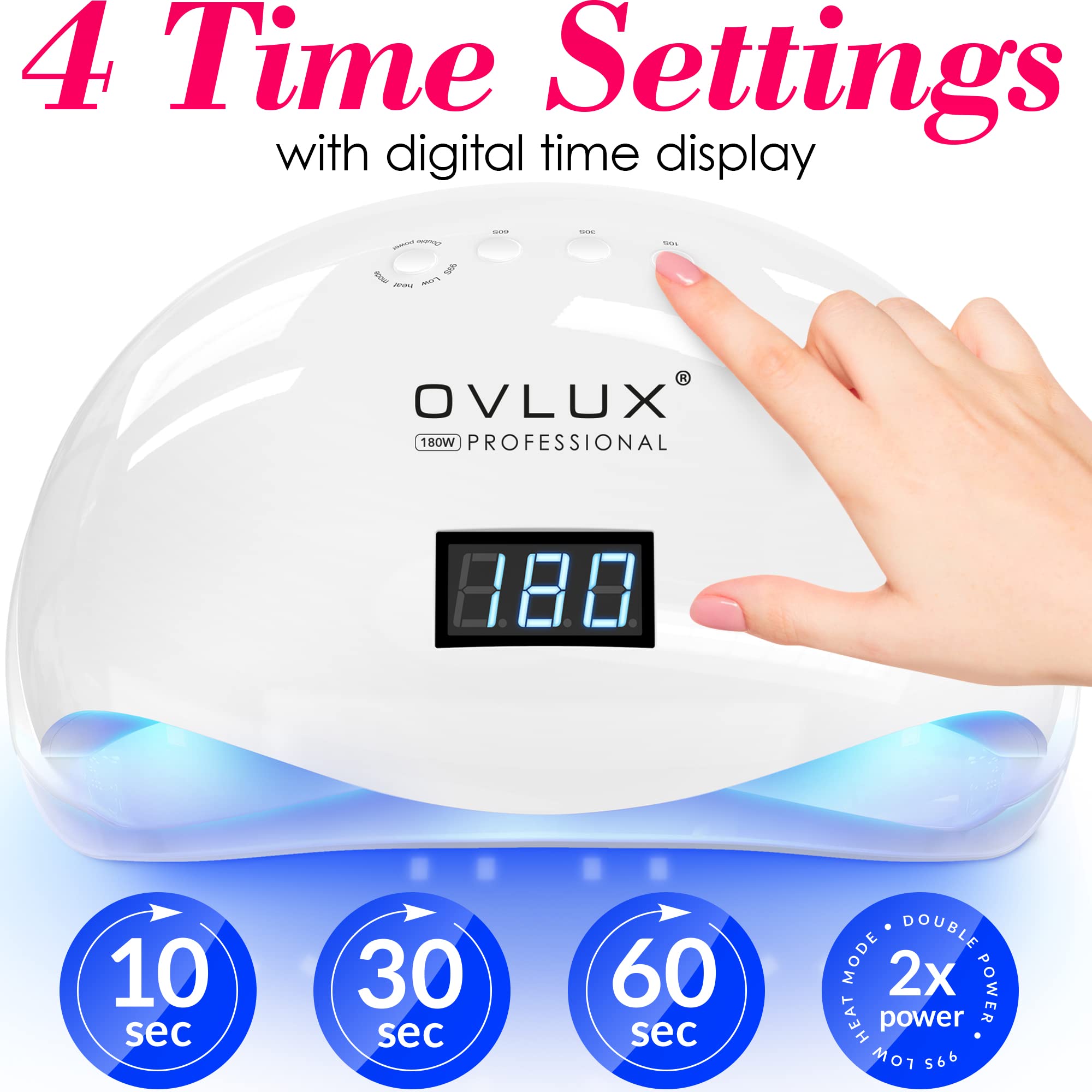 OVLUX 180W Professional UV LED Nail Lamp with Adapter – Fast Nail Dryer for Gel Polish, 57 LEDs, Auto Sensor, LCD Display & 4 Timers – Cures Fingernails & Toenails