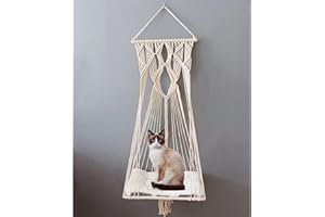 Sdjazl Cat Bed Cat Hammock Macrame Cat Swing Bed Cat Cage Cotton Rope Hanging Cat House Cats Toy Tassel Basket Tapestry (White)