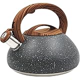 Tiilan Whistling Tea Kettle, Tea Pot for Stovetop - Stainless Steel, Wood Grain Handle, with Spout - 2.7 Quart/3 Liter, Gray