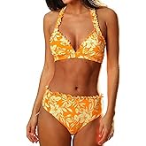 CUPSHE Women's Bikini Sets Two Piece Swimsuit Halter Tie Bathing Suit V Neck Mid Rise Ruffle Back Hook
