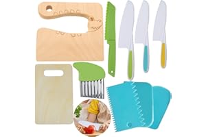 KOLODOGO 10 Pieces Wooden Kids Kitchen Knife Set, Including Safe Plastic Slicers, Cooking Knives, Cake Scraper, and Cute Rectangle Cutting Board