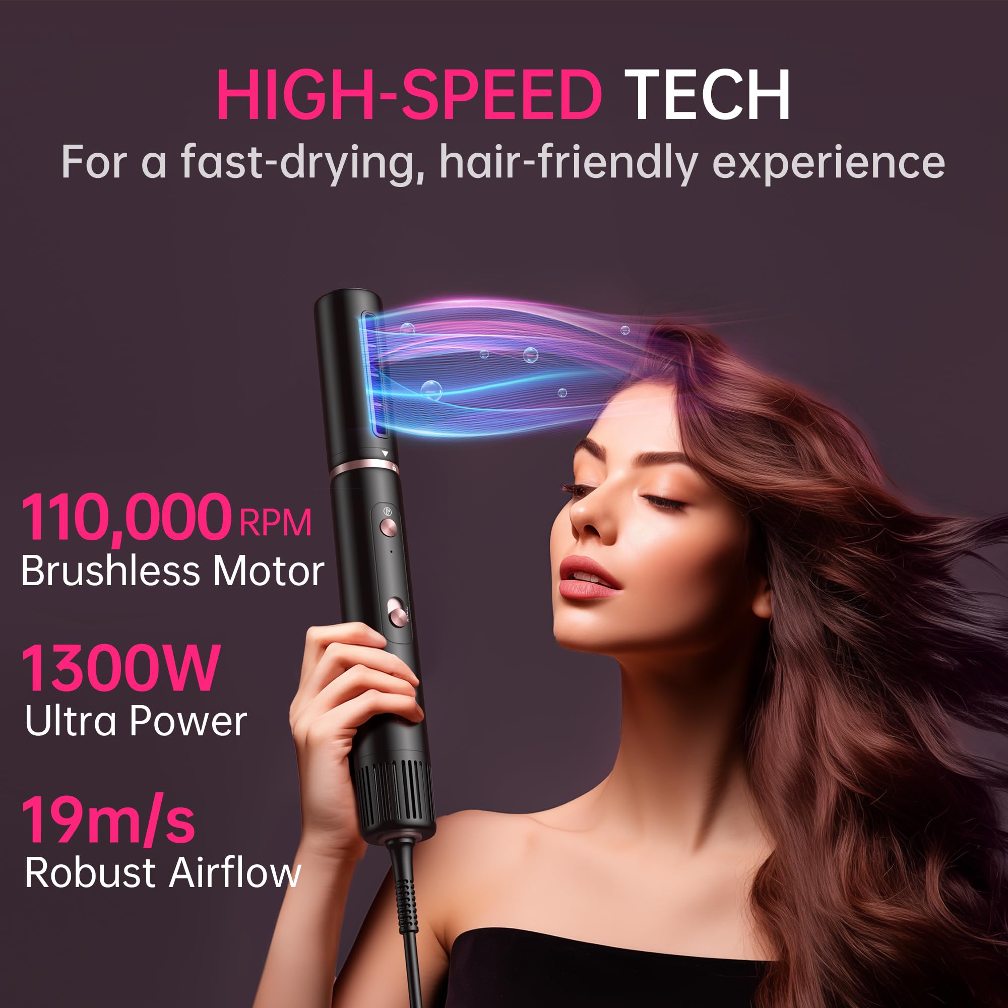 SKIMI Hair Dryer Brush and Blow Dry Brush, Multi-Hot Air Styler with 110000RPM Brushless Motor, Hot Air Brush for Fast Drying Curling Volumizing Straightening & Styling, High-Speed (Black & Pink)