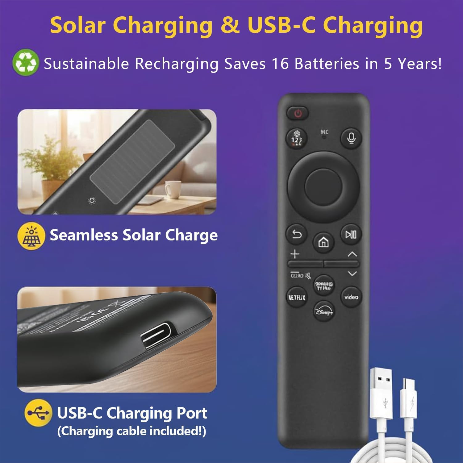 Rechargeable Voice Remote for Samsung Smart TVs, Replacement for 2021–2025 Samsung TV Remote Control with Solar Charging and Voice Search. 2-Year Warranty.