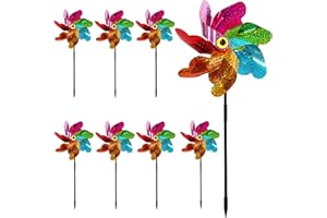 8 PCS Sparkly Colorful Pinwheels with Stakes, Rainbow Wind Spinners Reflective Pinwheels to Scare Birds Away from Yard Garden