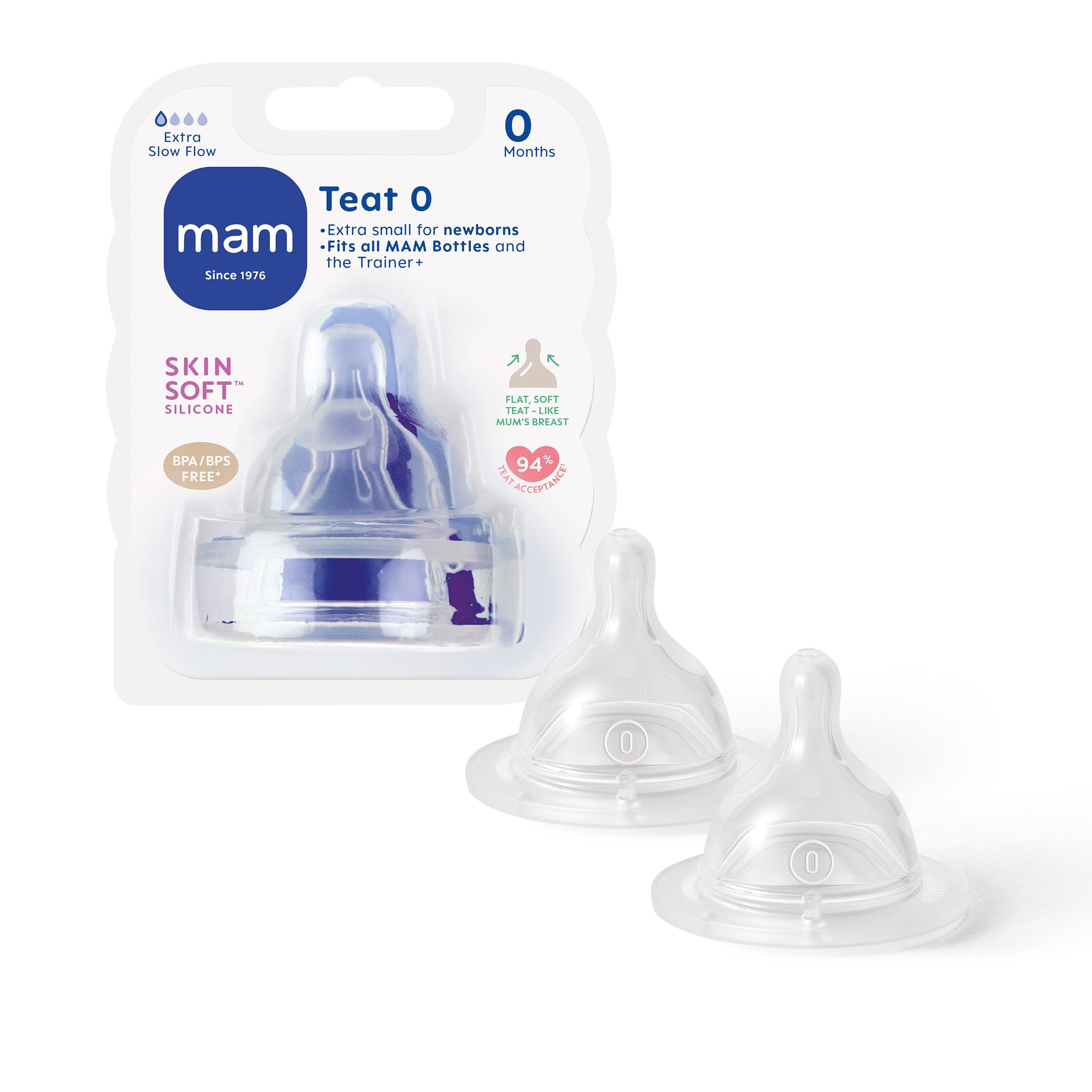 MAM Teats Size 0 | 2 Pack | Extra-Slow Flow | Fits All MAM Bottles | Made from SkinSoft Silicone | Baby Accessories for Newborn