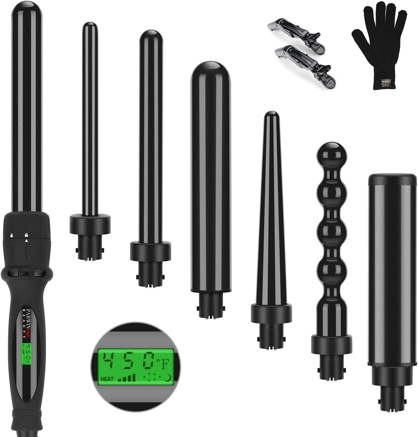 PARWIN PRO 7 in 1 Curling Iron Wand Set,Dual Voltage Curling Wand with 7 Interchangeable Diamond Ceramic Hair Curler Wands with LCD Temperature Control Auto Shut Off Black