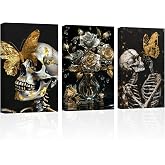 SWQYLB Black and Gold Skull Wall Art 3 Pieces Skeleton and Golden Butterfly Canvas Prints Abstract Floral Picture Poster Gothic Themed Halloween Wall Decor (12.00