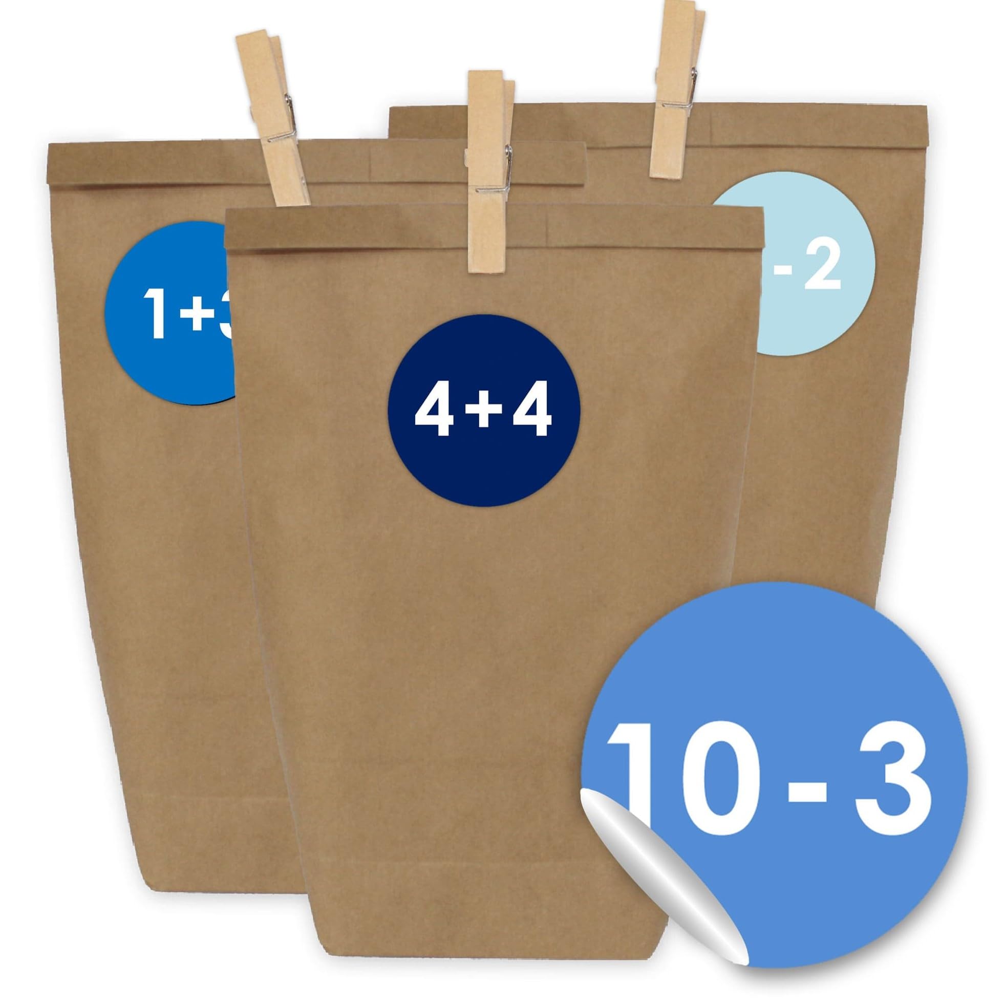 Papierdrachen Advent calendar 24 paper bags with stickers and 24 wooden clips - mathematical - blue design - 9