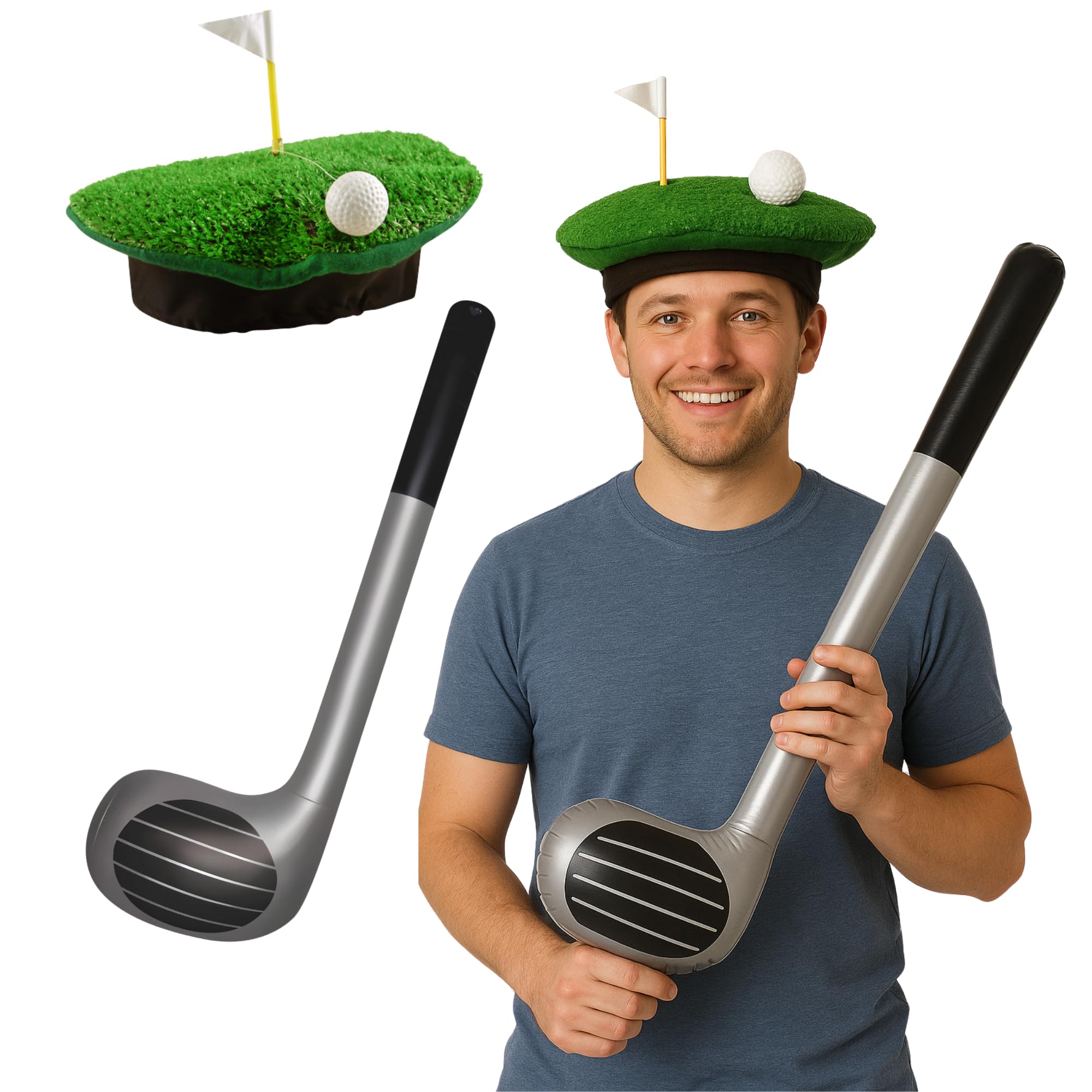 FNA FASHIONS Visor Hat & Inflatable Golf Club Fancy Dress Set - Golf Costume Accessories for Adults - Fun Sports Cosplay Party Props, Themed Events, Stag Do, Photo Booth
