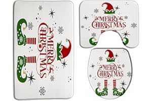 Sunhe 3 Piece Merry Christmas Bath Mat Sets Red Green Xmas Elf Legs Hat Snowflake Funny Quotes Cartoon Creative Winter Holiday Festival Bathroom Rug, Toilet Seat Cover, U-Shaped Floor Mat