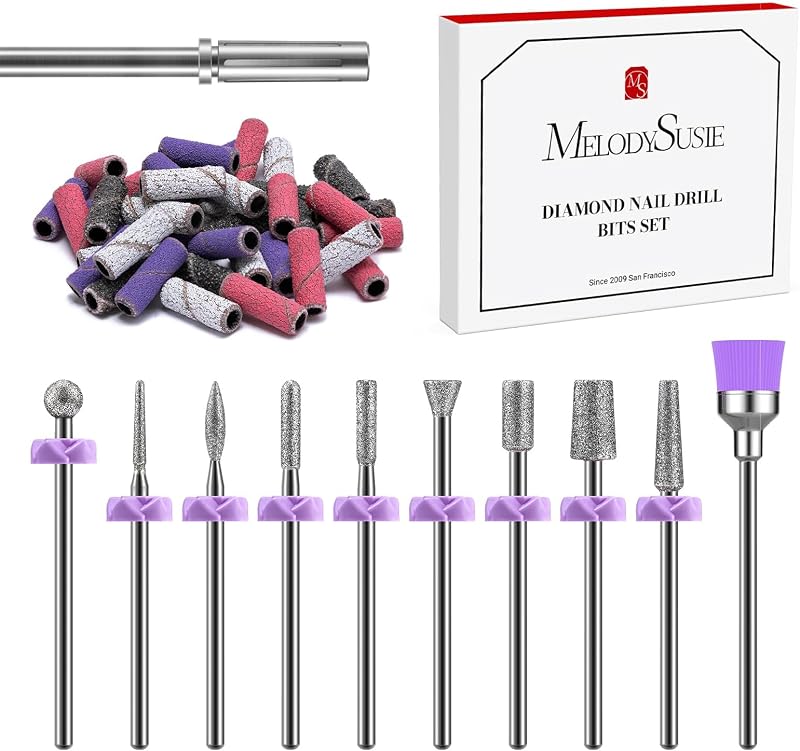MelodySusie 10Pcs Diamond Carbide Nail Drill Bits Set 40 Sanding Bands 3.1mm