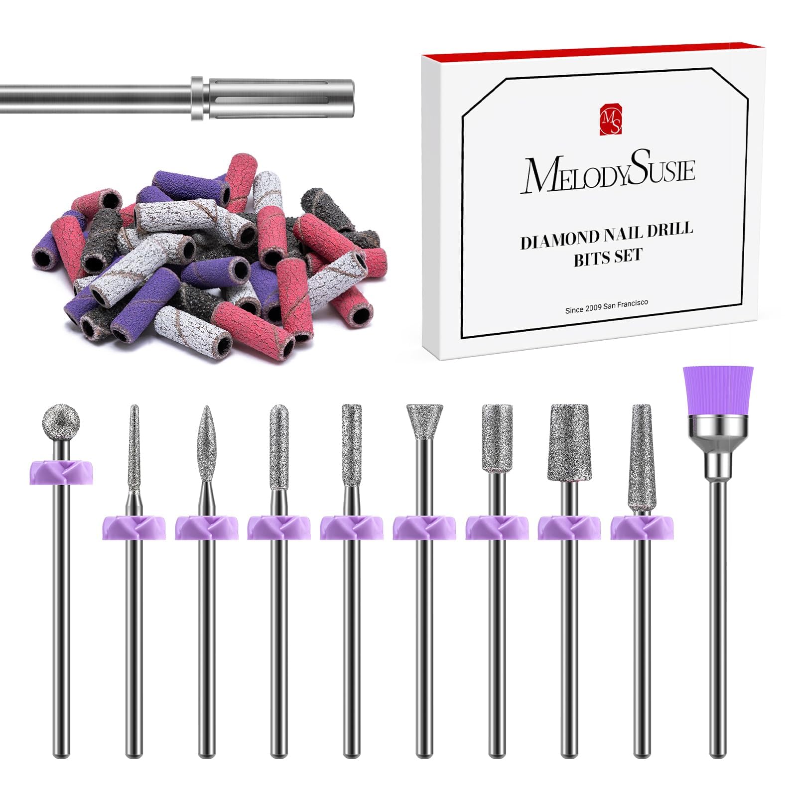 MelodySusie 10Pcs Diamond Sanding Nail Drill Bits Set with 40pcs Small Sanding Bands (#120#180#240 Grits) and 3.1mm Mandrel Bit, Gel Nail Polish Remover Tool for Acrylic Manicure Nail Prep