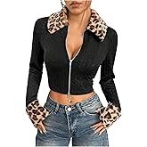 Milumia Women's Leopard Print Y2k Crop Jacket Faux Fur Trim Jackets Coat Outwear Clubwear