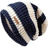 CCREDONE Striped Crochet Slouchy Beanie Knitted Hats for Women Men Warm Soft Stocking Skull Caps for Cold Weather