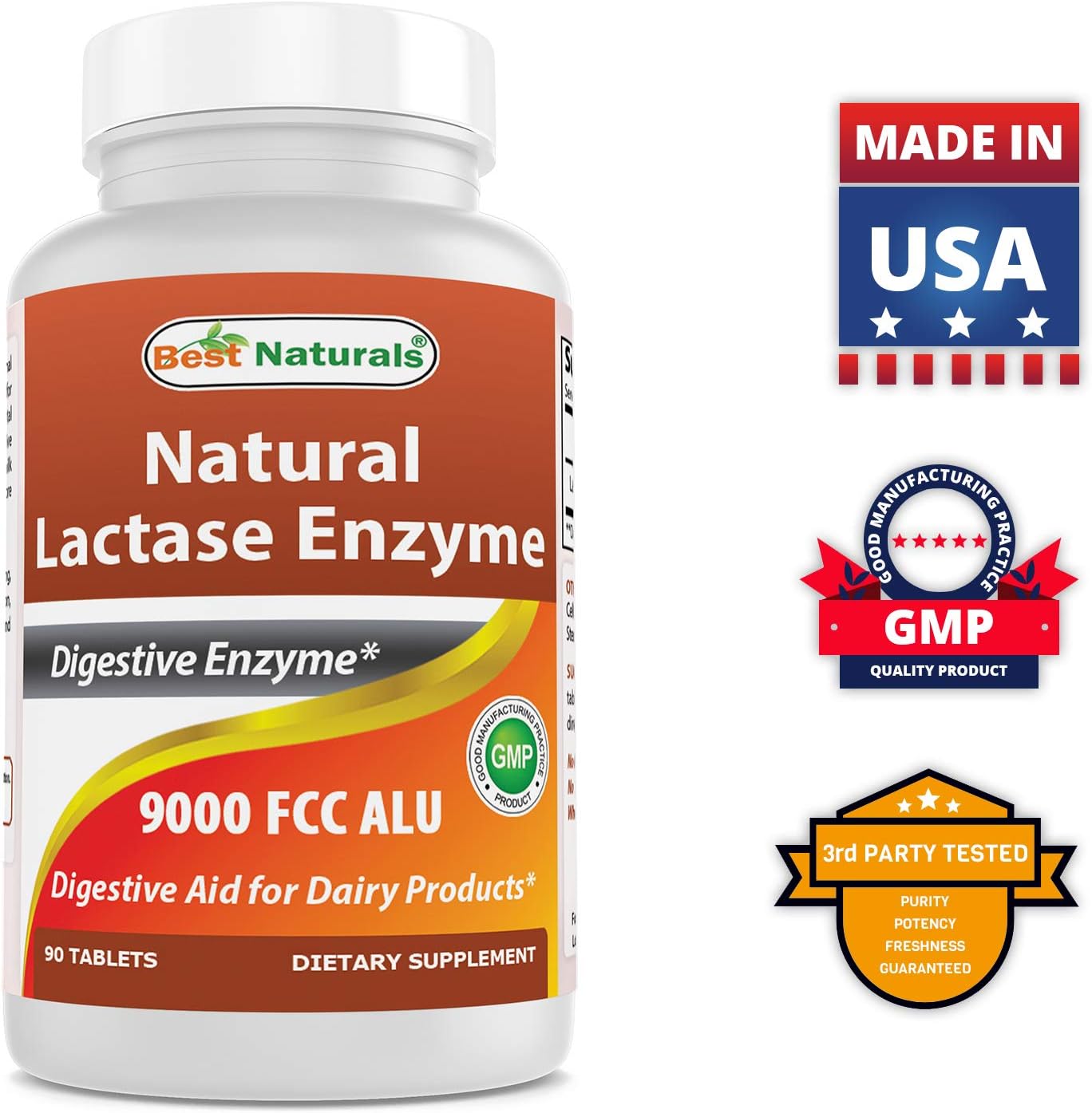 Best Naturals Lactose Intolerance Relief Tablets with Natural Lactase Enzyme, Fast Acting High Potency Lactase, 9000 FCC ALU, 90 Count: Health & Personal Care