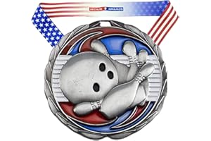 Decade Awards Bowling Color Medal - 2.5 Inch Wide Tournament Medallion with Stars and Stripes American Flag V Neck Ribbon