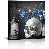 ChaudArt Human Skull Head Canvas Wall Art Skeleton with Grey Blue Rose Rustic Art Prints for Vintage Artwork Home Bedroom Living Room Halloween Day Decoration Stretched and Framed