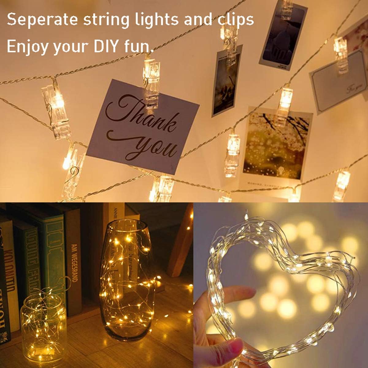Microwear Photo Clip String Lights,USB or Battery Powered,100 LED 10M Copper Wire Hanging String Fairy Lights with Remote,Decoration for Indoor Bedroom Wedding Party (50 Clip & 25 Nails,8 Modes) - Image 3