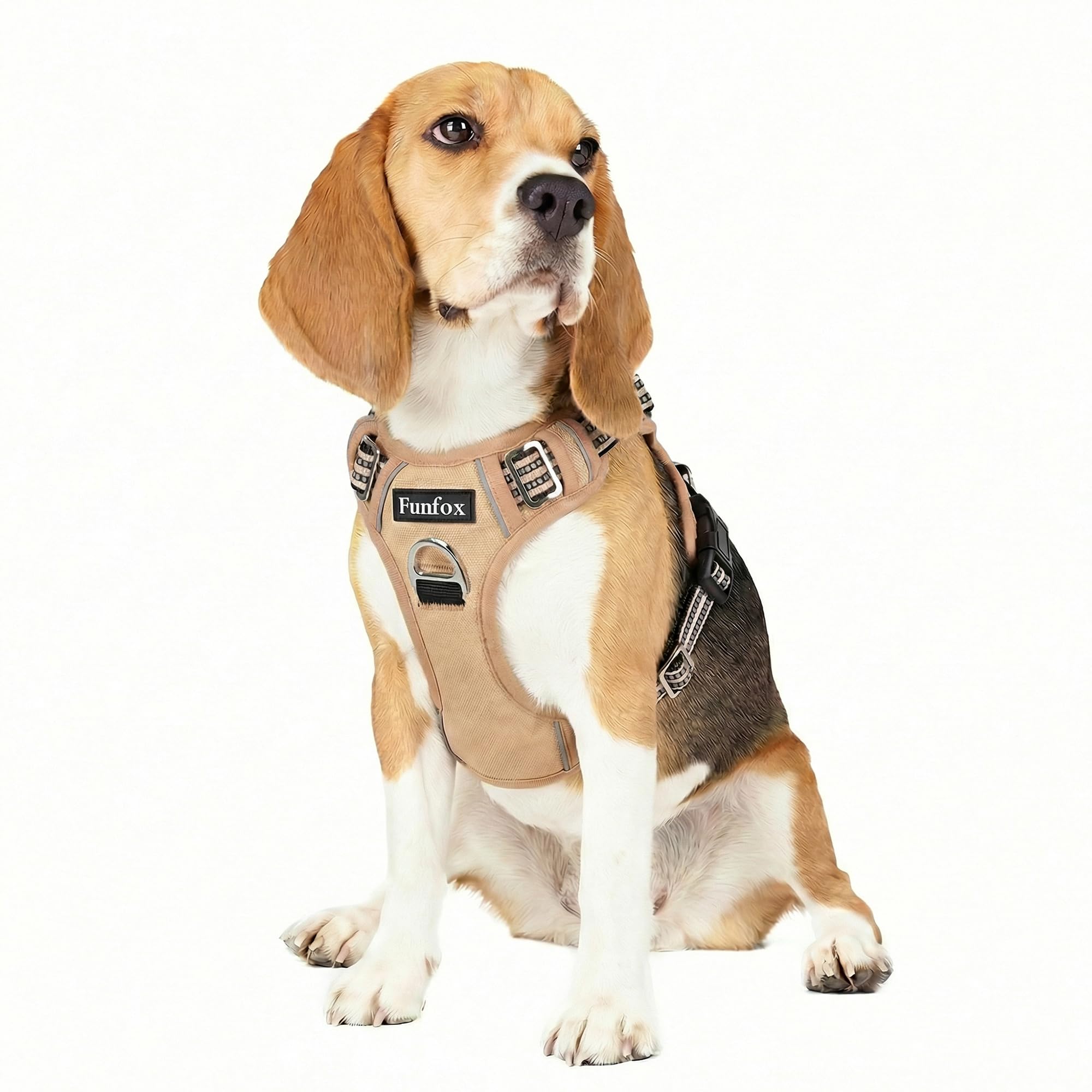 Funfox Dog Harness Medium, No Pull Harness with Front Clip & Vertical Handle, Adjustable Anti Pull Padded Pet Vest, Reflective Night Walking Size for Small Medium Large Breed, Brown M