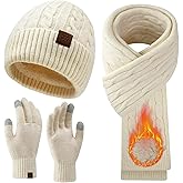 Womens Winter Beanie Hat Scarf Gloves Set, Knit Touch Screen Gloves Long Scarf Skull Caps Fleece Lined Winter Gift
