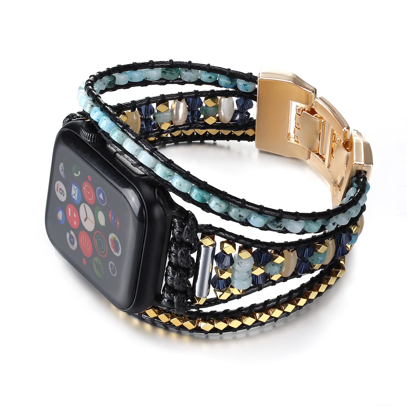 CHARMINGO Boho Leather Band Compatible with Apple Watch Band for Women and Men, Multilayer Beaded Bracelet, 42mm/44mm/45mm/49mm