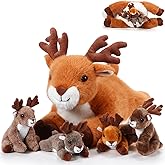 Poen Plush Deer Stuffed Animal Set 16 Inch Cuddly Mommy Deer Plush with 4 Cute Little Plushes in Her Zippered Tummy for Kids Birthday Baby Shower Decor Gift Woodland Party Favors(Lying)