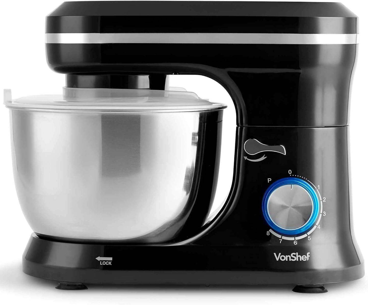 VonShef Black Stand Mixer 1000W, Electric Stand Mixers for Baking 8 Speed Standing Food Mixer with Splash Guard