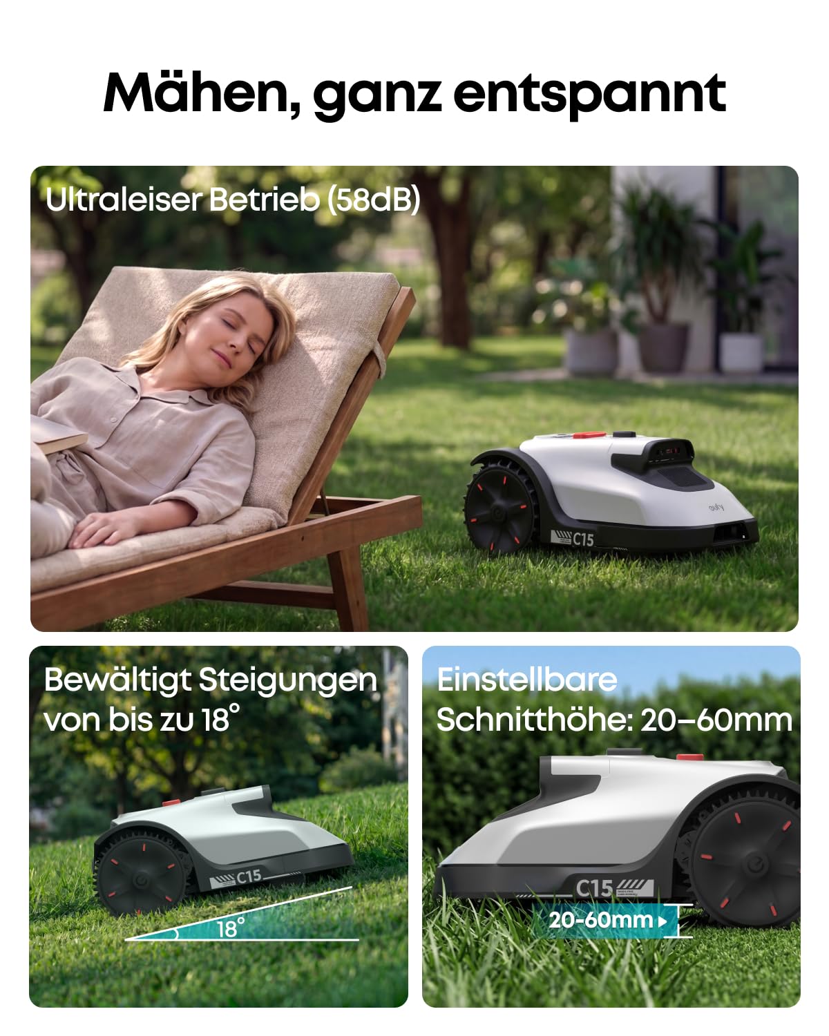 eufy C15 Mähroboter ohne Begrenzungskabel mit Garage, bis 500m², TrueVision, ohne RTK, Keine Signalprobleme, Auto-Kartierung, sicher für Igel, intelligente Navigation, präzises Randmähen 8