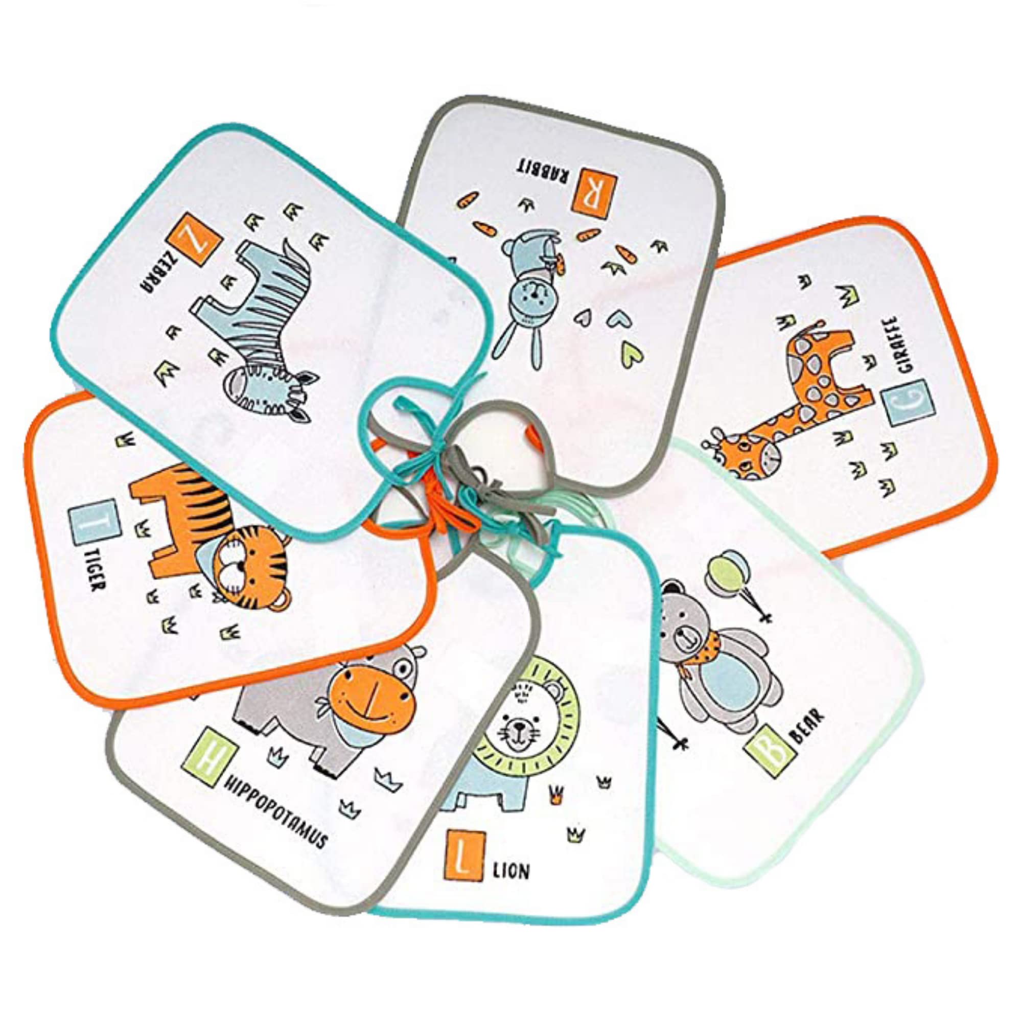 Ti TIN - Pack of 7 Waterproof Baby Bibs 73% Cotton - 27% Polyester Vinyl Lining | Lot of 7 Bibs with Closure with Ribbons for Babies from 6 to 18 Months, 23x27 cm