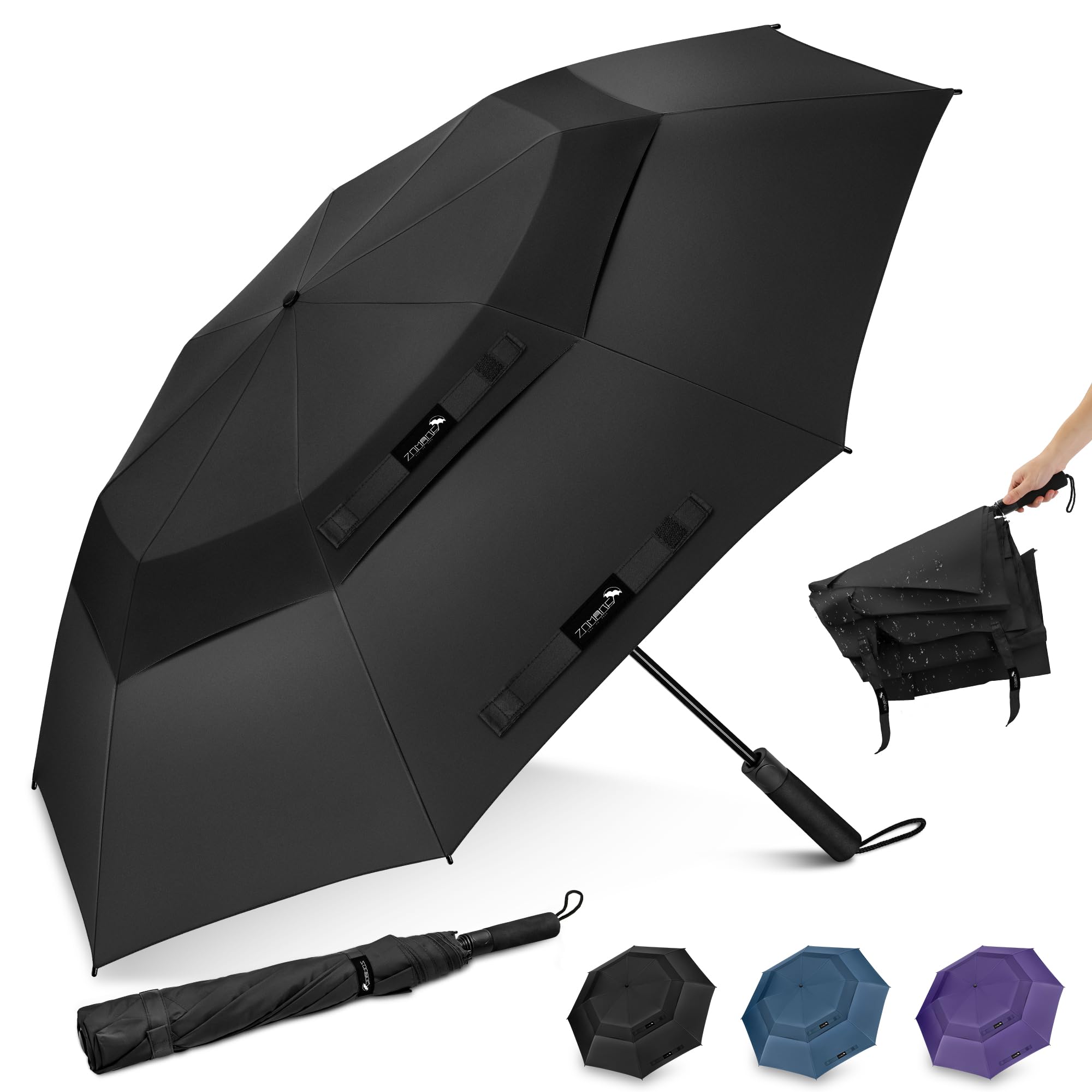 ZOMAKE Golf Umbrella Windproof and Rainproof 62in, Compact Large Umbrella, Big Folding Golfing Brolly Windproof Strong Double Canopy Unbreakable for Men Women (Black)