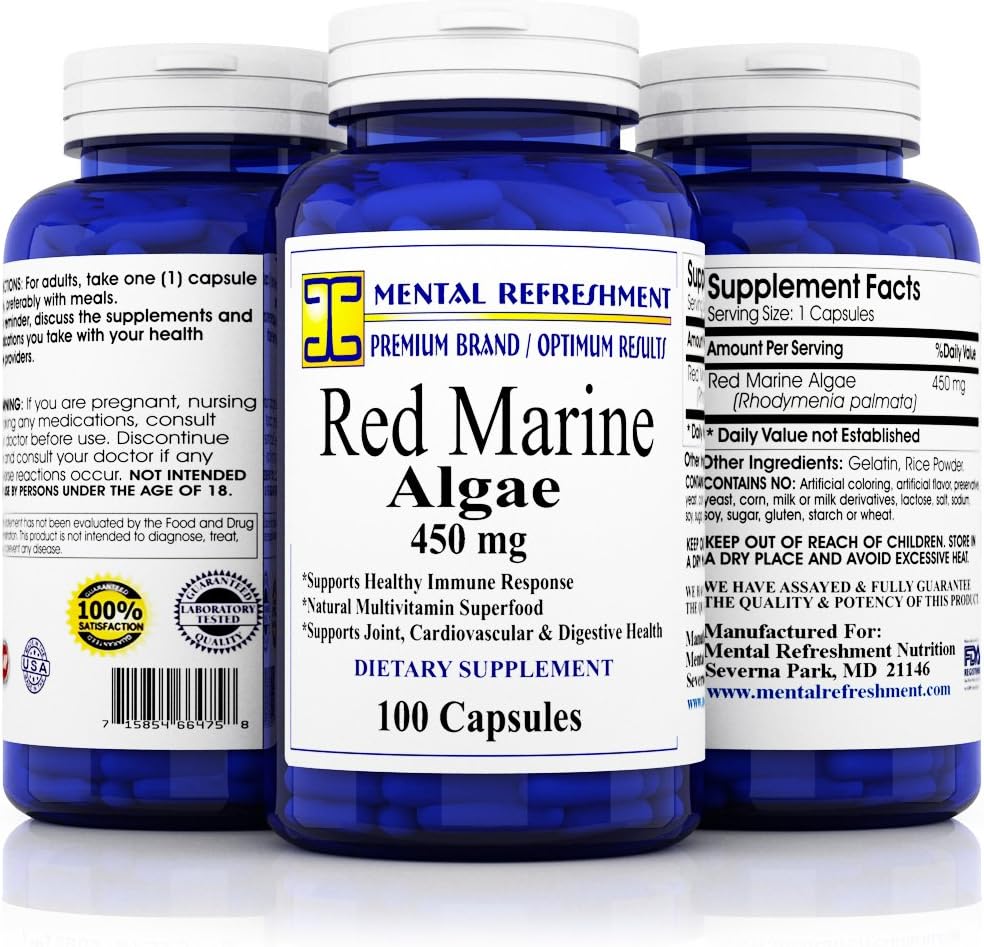 Mental Refreshment: 100% Pure Red Marine Algae - 450mg, 100 Capsules - Natural Immune Support