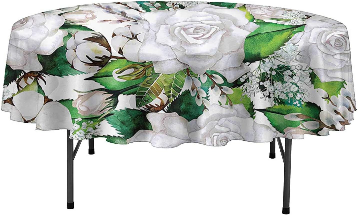 Aishare Store Roses Decorations Collection Round Tablecloth Watercolor Artsy Design of Roses Meaning New Beginning or Farewell Innocence Symbol Tablecloth for Dinner Parties D43 Inch White Green