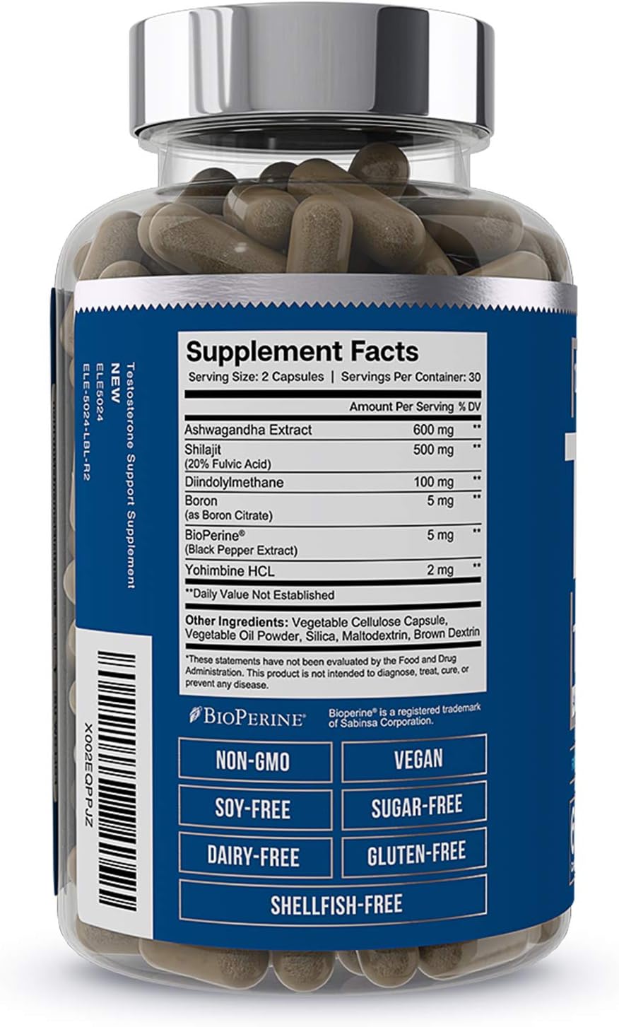 Male Health Supplement - Muscle Builder & T-Booster with DIM, Ashwagandha, Shilajit, More | T-Hero by Essential Elements - 60 Vegan Capsules: Health & Personal Care