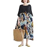 ENGLUCK Oversized Dress for Women Loose Fit Plus Size Baggy Dresses Patchwork Cute Artsy Printed O Neck with Pockets Black