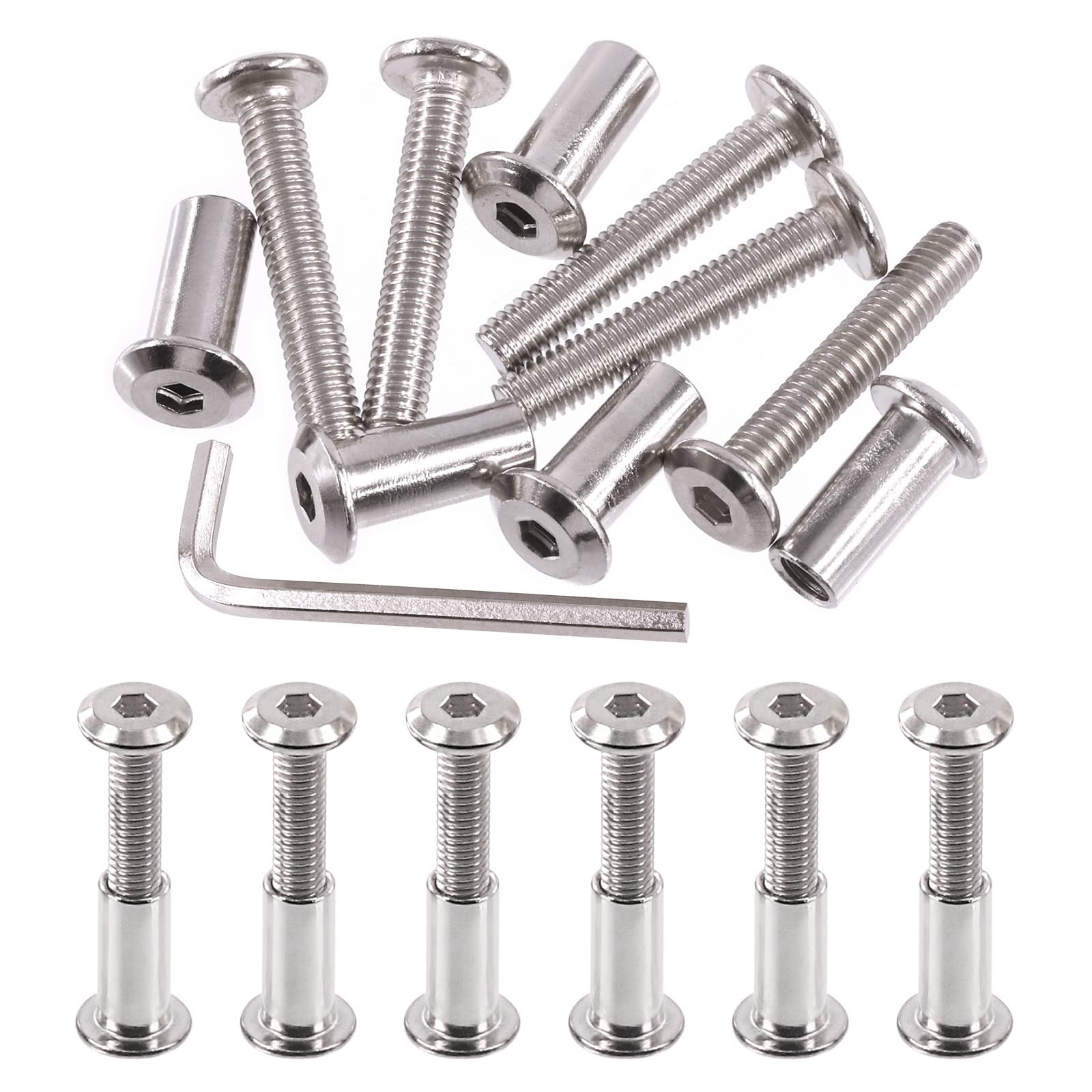 Swpeet S1860 25Pcs M6x35mm Nickel Plated Sliver Binding Screws Hex Drive Socket Cap Bolts Barrel Nuts Assortment Kit with 1Pcs Allen Wrench, Screw Post Fit for Furniture Countsunk Belt