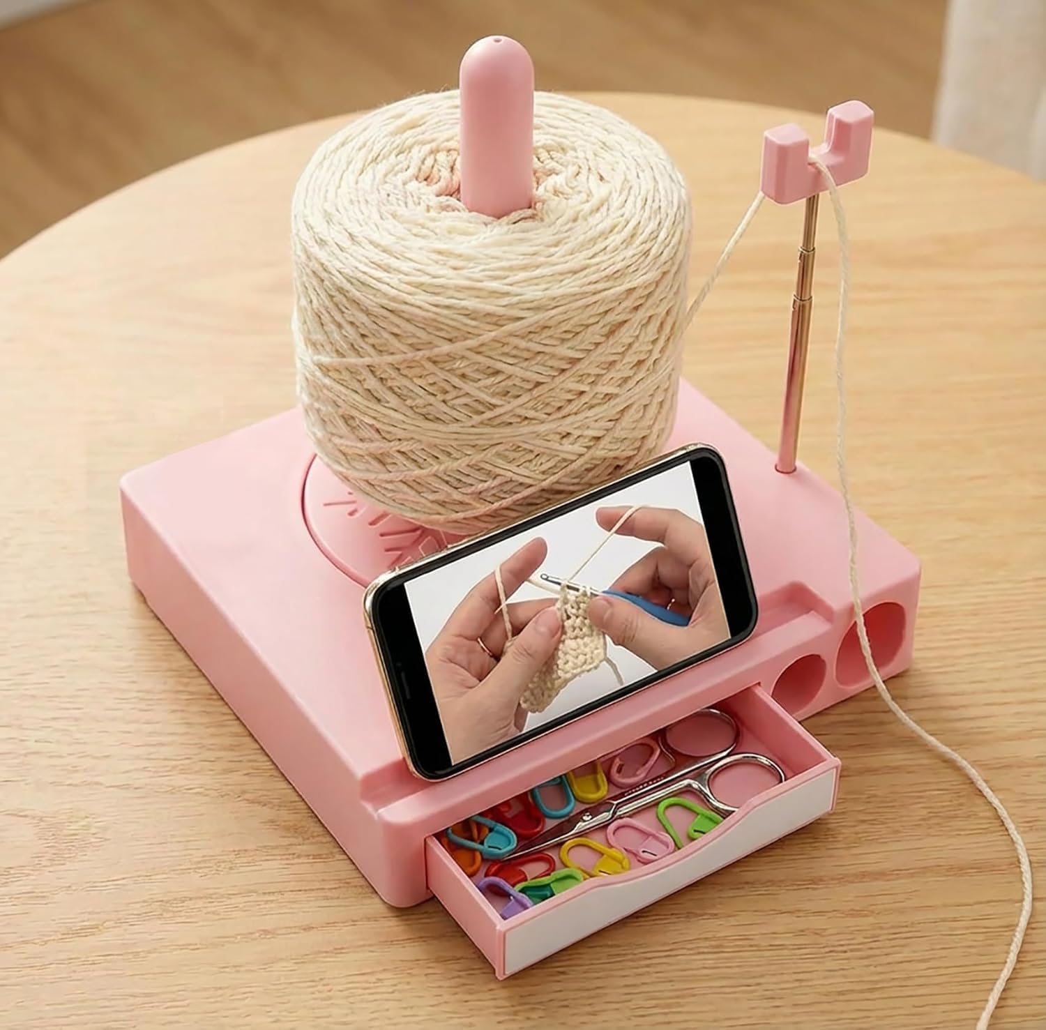 Photo 1 of **SOLD FOR PARTS** Portable Multi-Functional Yarn Holder Spinner with Phone Stand, Detachable Yarn Spool Box & Crochet Accessories Organizer for Knitting Lovers(Pink)