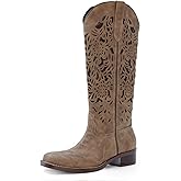 GPXGPX Womens Cowboy Boots Cut Out Floral Embroidered Cowgirl Boots Low Block Heel Comfortable Pull On Western Square Toe Tall Boots