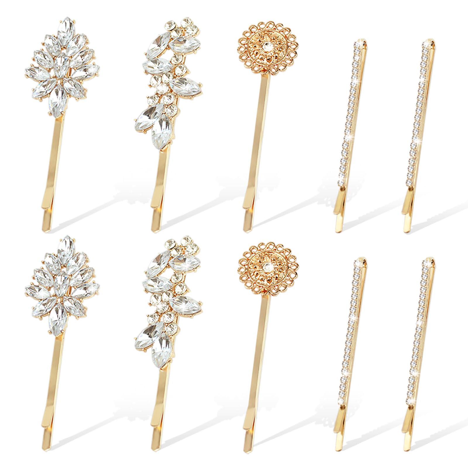 Photo 1 of 10 Pieces Rhinestone Hair Clips, Crystal Bobby Hair Pins Decorative Rhinestone Hair Barrettes for Wedding, Leaf Feather Sunflower Hair Clips Metal Hair Accessories for Women,4 Styles(Gold)