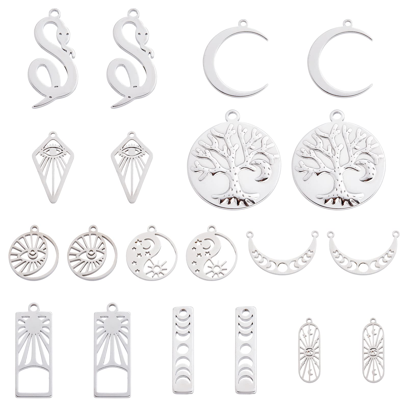 SUNNYCLUE 1 Box 20Pcs Tarot Style Tree of Life Charms Moon Phase Charm Stainless Steel Crescent Moon Eye of Providence Snake Charm ouijas Flat Round Charms for Jewelry Making Charm Adult Women DIY